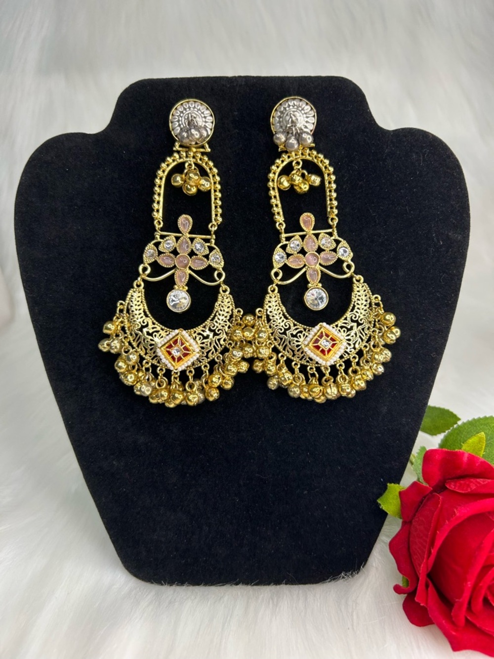 Elegant Pink Gold Silver Brass Kashmiri Earrings